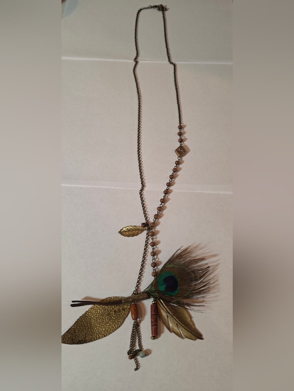 Vintage Boho Peacock Feather Pendant Long Necklace - Brown & Gold